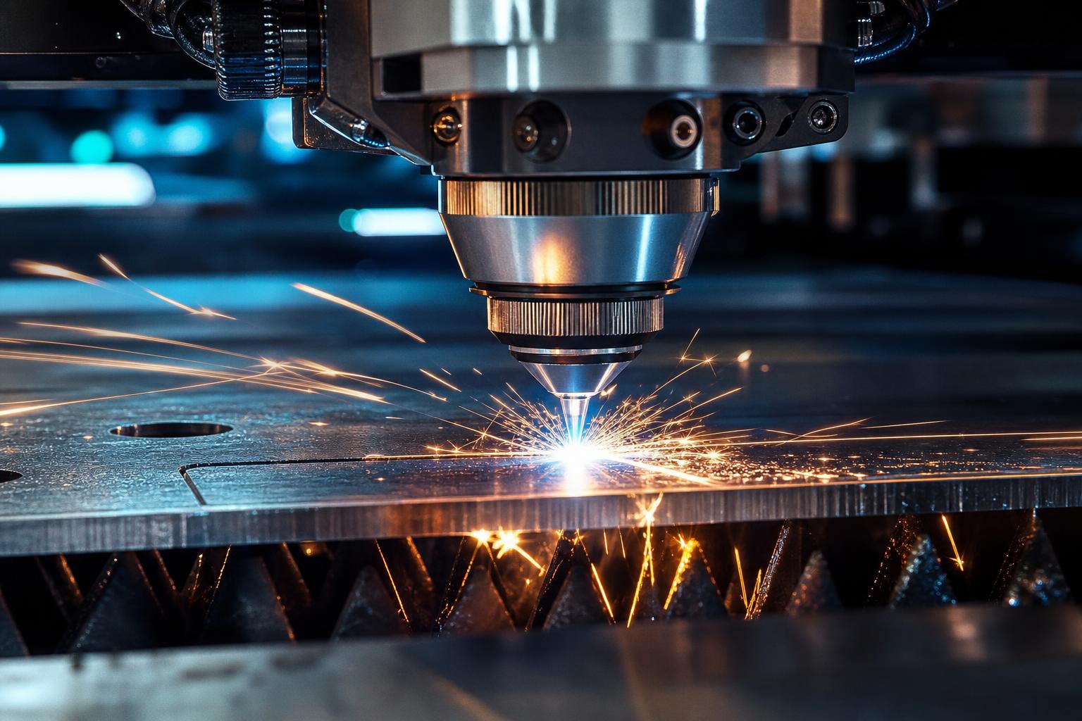 Close up of industrial fiber laser cutting thick steel with intense sparks and molten metal glow